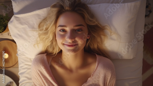 Top View Apartment: A Gorgeous Young Woman Wakes Up in Her Bed, Meets the New Day with a Radiant Smile as She Gazes Directly at the Camera.