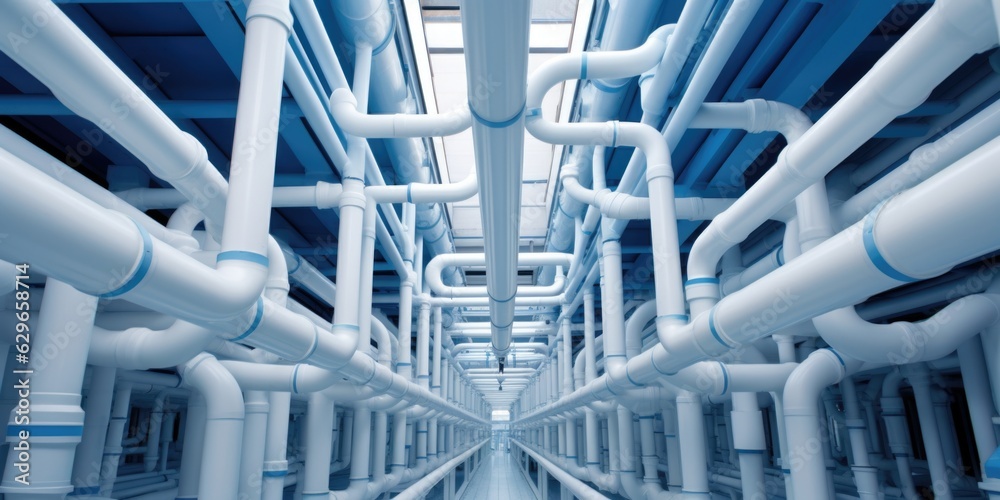 A long hallway of pipes and pipes in a building. Digital image. High tech plumbing infrastructure.