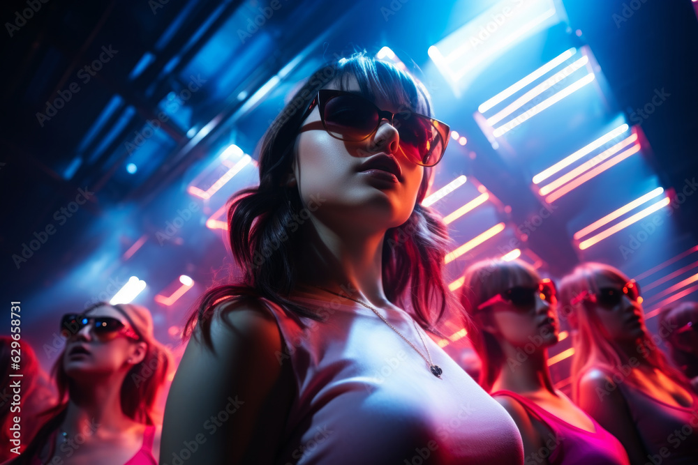 Beautiful happy cute young woman dancing at a nightclub party, disco girl having fun with friends Beautiful happy cute young woman dancing at a nightclub party, disco girl having fun with friends