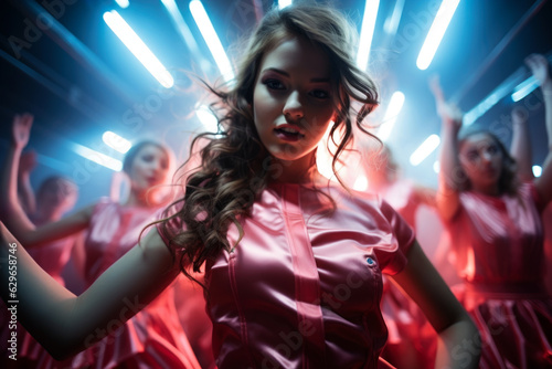 Beautiful happy cute young woman dancing at a nightclub party, disco girl having fun with friends