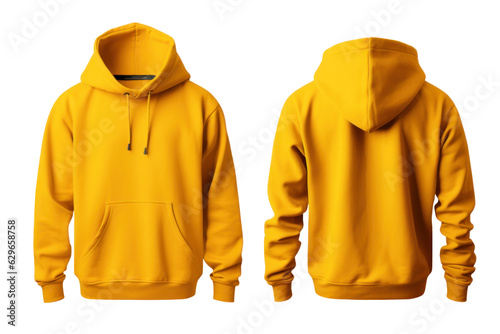 Blank yellow hoodie in front and back view, mockup, white background, generative ai