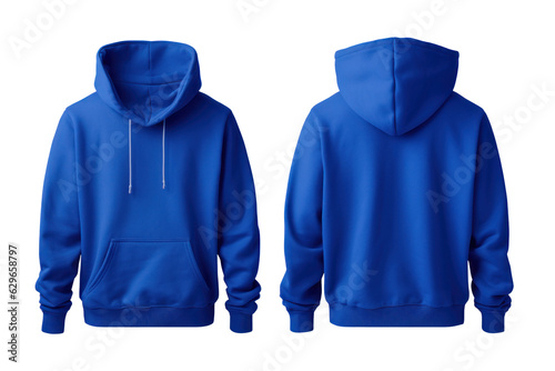 Fototapete Blank blue hoodie in front and back view, mockup, white background, generative a