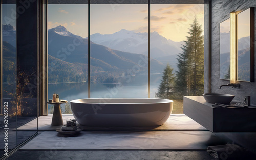  luxury eco hotel bathroom with a modern interior design and a large bathtub. The rental has amazing views of the mountains. © jonathon
