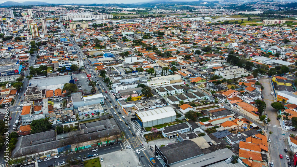 Visão aérea do centro da cidade de Suzano no estado de São Paulo. 