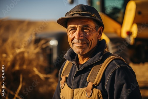 A man standing in front of a tractor in a field. Portrait of a farmer.