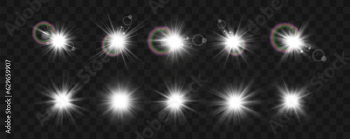 Set of bright light effects.Beautiful stars on the background.	


