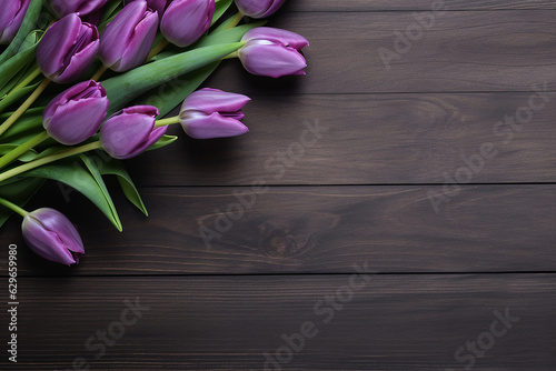 Captivating Purple Tulips Over Wooden Table - Created with generative AI tools