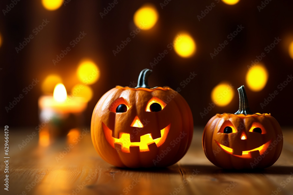Halloween Pumpkin Head Jack Lantern on Wooden Background - Created with generative AI tools Halloween Pumpkin Head Jack Lantern on Wooden Background - Created with generative AI tools