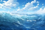 Ocean in blue and white in the style of anime art created with Generative AI technology  