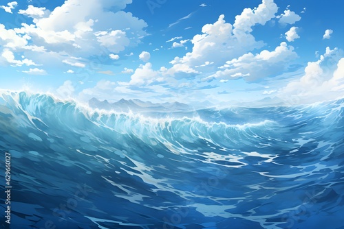 Ocean in blue and white in the style of anime art created with Generative AI technology 
