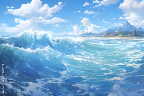 Ocean in blue and white in the style of anime art created with Generative AI technology 