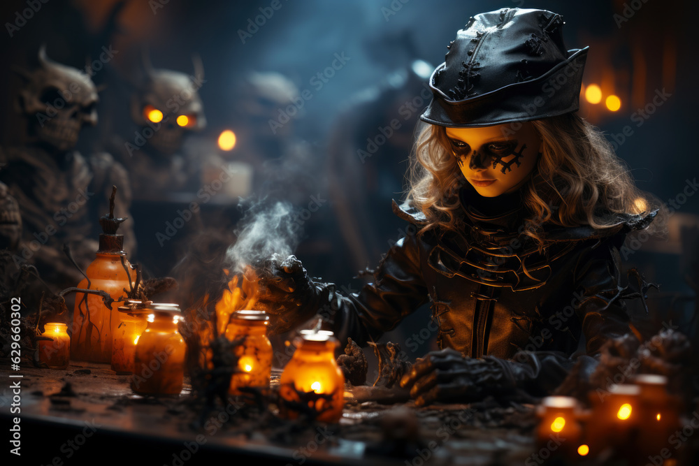 Happy girl make Halloween decorations at home and preparing for autumn holiday, children making Jack-o-Lantern Happy girl make Halloween decorations at home and preparing for autumn holiday, children making Jack-o-Lantern