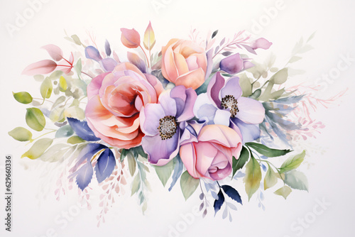 Floral pastel watercolor style wedding bouquet. Isolated and editable. Soft Colors. Flowers and leaves. © ckybe