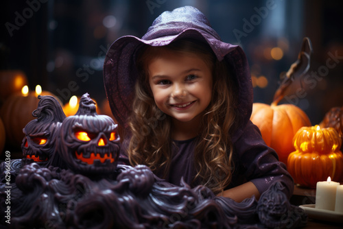 Happy girl make Halloween decorations at home and preparing for autumn holiday, children making Jack-o-Lantern