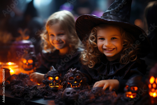 Happy kids make Halloween decorations at home and preparing for autumn holiday, children making Jack-o-Lantern together