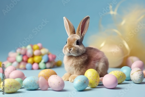 Pastel Easter Decorations with Bunny and Colorful Eggs Candy on Light Background - Created with generative AI tools © ThePixelCraft