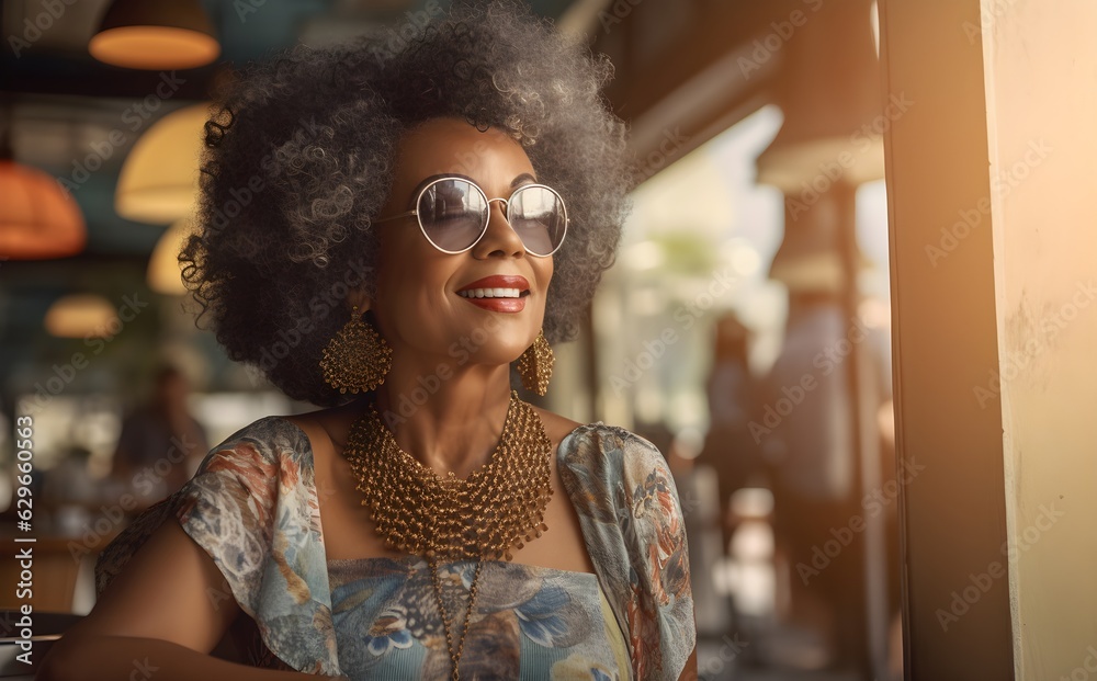 Beautiful mature black woman in sunglasses standing in a cafe street  created with Generative AI technology  