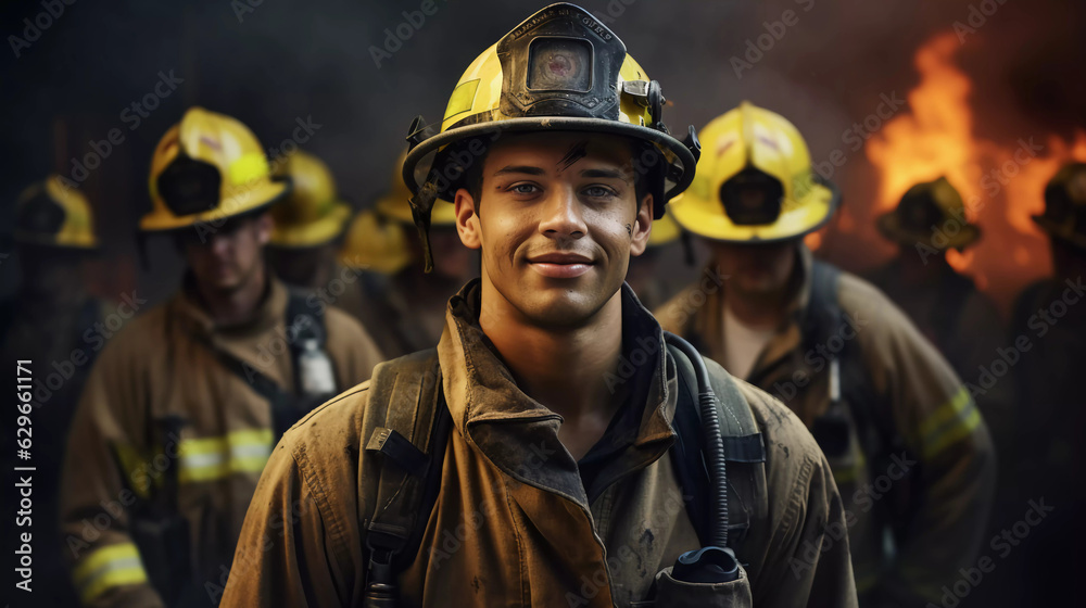 Fototapeta premium Portrait of a brave fire fighter. ai generated 