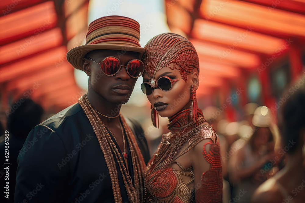 Avant-Garde Aficionados: Stylish Man and Woman Embrace Afrofuturism in Extravagant Attire at the Mesmerizing Bizarre Festival. Generative AI