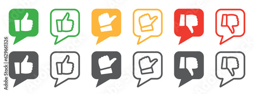 Set of thumb icons. Rating thumb symbols, feedback bubble. Thumb up, thumb down, thumb in the middle. Vector.