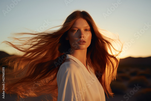 portrait of a woman/model/book character in a close up with long dark brown hair in a fashion/beauty editorial advertisement magazine style film photography look redhead - generative ai art 
