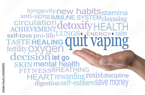 For your health's sake it is time to Quit Vaping Word Cloud - male hand open palm with the words QUIT VAPING above surrounded by a relevant word cloud on a white  background
