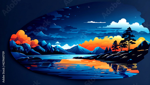 Dark blue color background Gvector t-shirt design ready to print, while sitting near a lake in the hills, side view photo