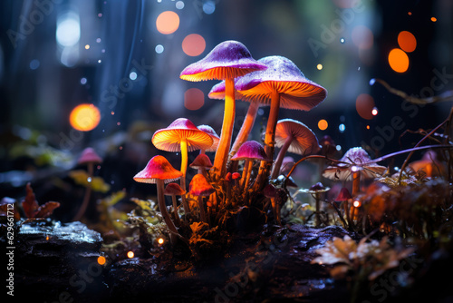 Fantastic multicolored glowing mushrooms in a magical forest, mysterious fabulous night nature wallpaper