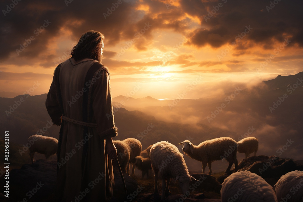 Jesus Christ, the Shepherd, leading his flock of sheep at sunrise Stock ...