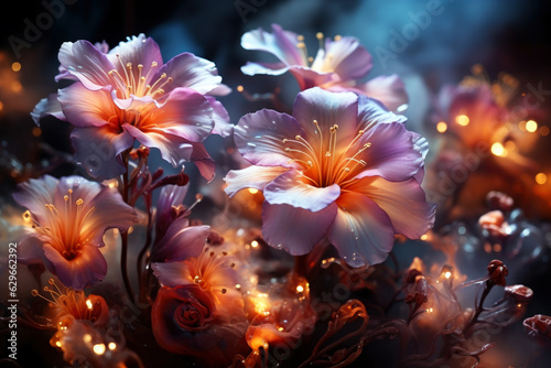 Fantastic glowing flowers on black background, abstract floral wallpaper, magical blooming garden © staras