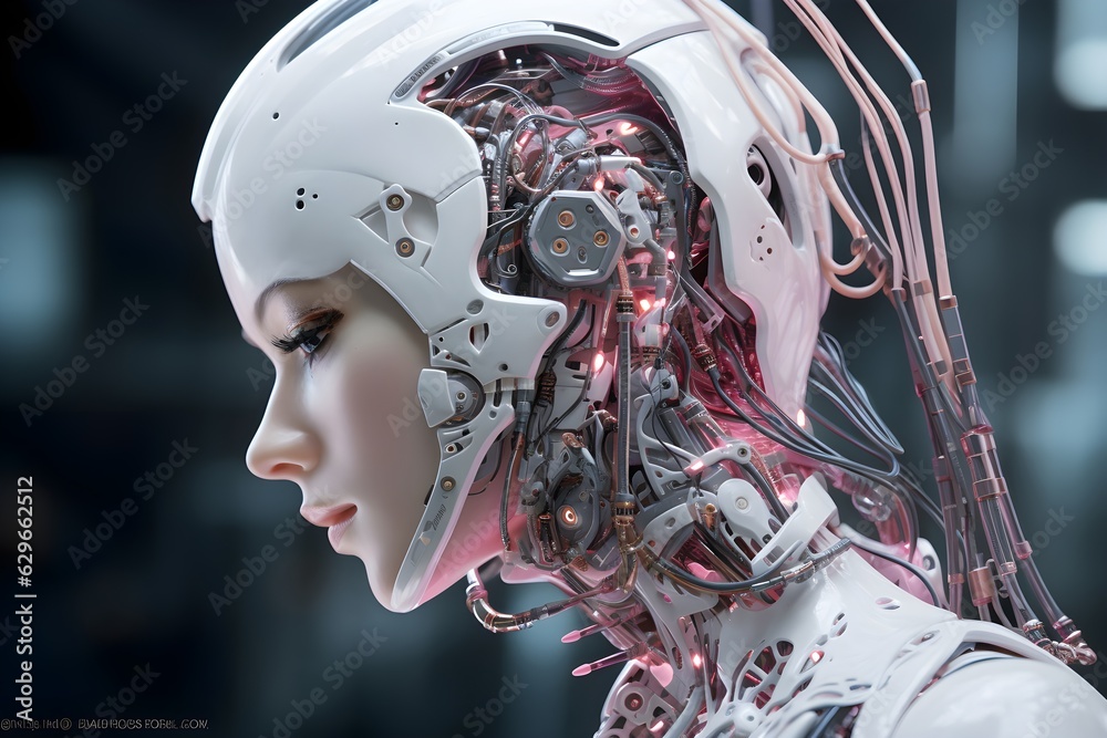 Fototapeta premium Futuristic female robot created with Generative AI technology 
