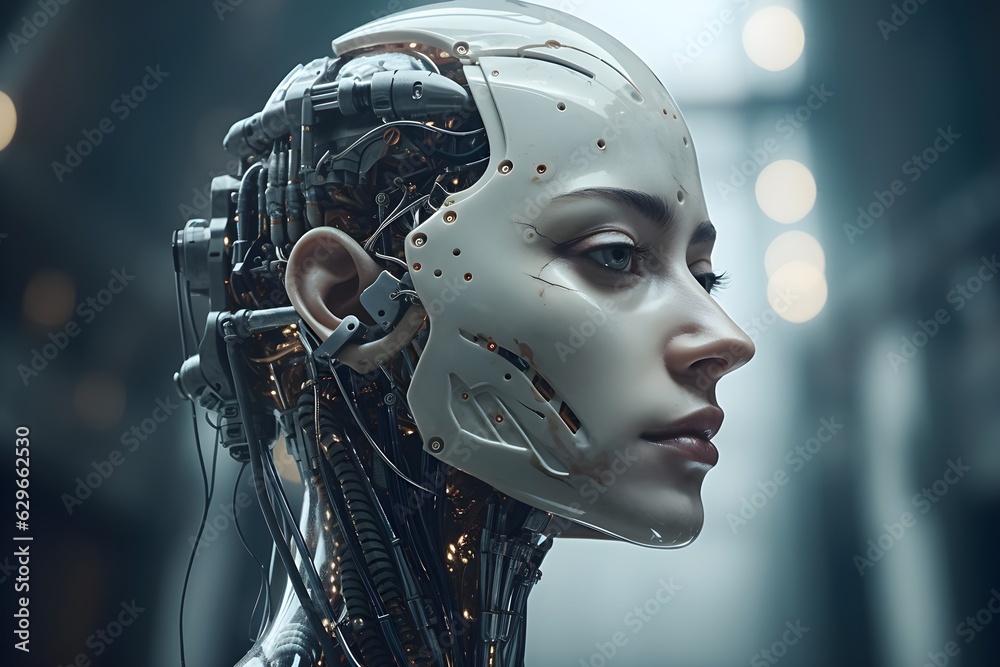 Futuristic female robot created with Generative AI technology  