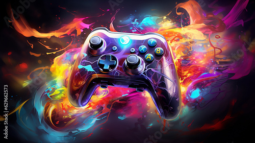 a console controller morphing into a mythical beast, vibrant colors, cosmic background, mid - transformation, dynamic and fluid shapes, glowing, electrifying energy, surreal