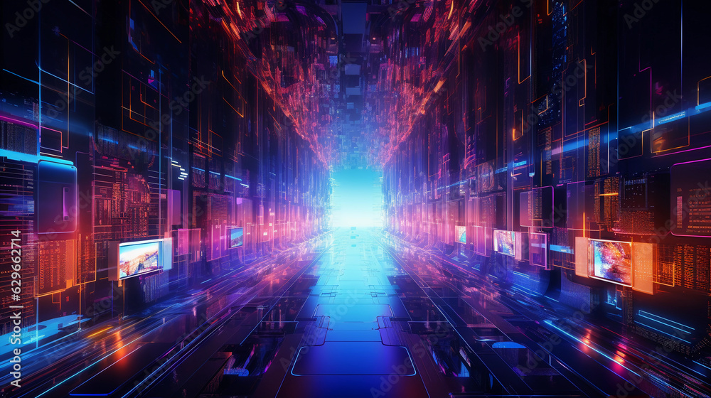 data flow in online gaming, neon data streams, circuitry, servers, stylized packet transfers, digital landscape, cyberpunk aesthetics, 3D rendering data flow in online gaming, neon data streams, circuitry, servers, stylized packet transfers, digital landscape, cyberpunk aesthetics, 3D rendering