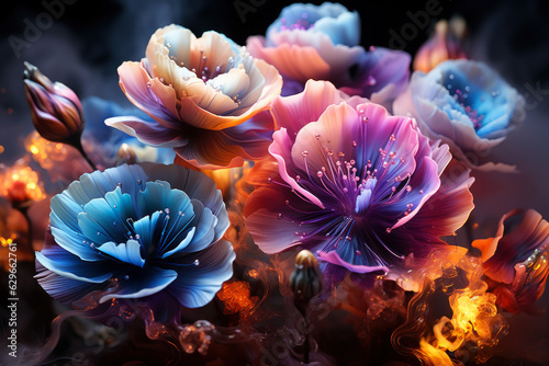 Fantastic glowing flowers on black background  abstract floral wallpaper  magical blooming garden