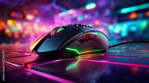 a gaming mouse, glowing with RGB colors, sharp textures, against a keyboard blurred in the background, product photography