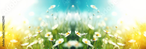 Closeup of beautiful fresh daisy meadow in warm yellow sun light, abstract floral background, many white little wildflowers, summer season. flower sunny background. Banner for design. AI generated