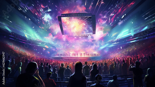 E - sports crowd in an arena, pointillism style, colorful spotlights, energetic, cheering fans, large screens showing gameplay, abstract interpretation of a passionate crowd, vibrant energy, dynamic c