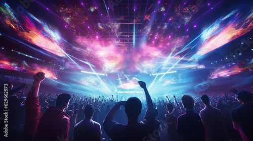 E - sports crowd in an arena, pointillism style, colorful spotlights, energetic, cheering fans, large screens showing gameplay, abstract interpretation of a passionate crowd, vibrant energy, dynamic c