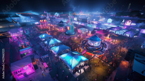 night - time drone shot of a massive gaming event  crowd of gamers  lit up tents  various gaming logos  vibrant colors  cityscape in the background