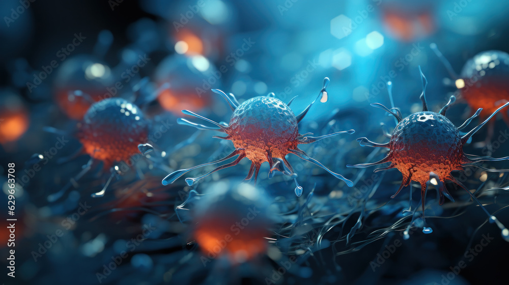 Luminous Enigma: Close-Up View of a Glowing Blue Virus. Generative AI - obrazy, fototapety, plakaty 