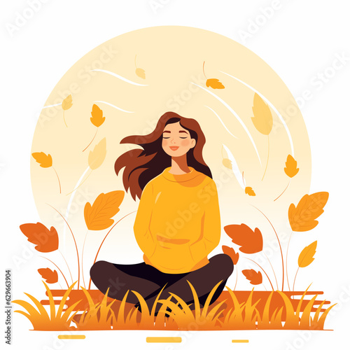 Vector illustration in a flat style, a young cartoon girl with freckles admires the falling yellow leaves. Autumn season.
