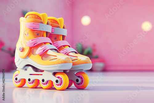 Orange plastic roller skates with orange wheels, pink buckles on a pink background
