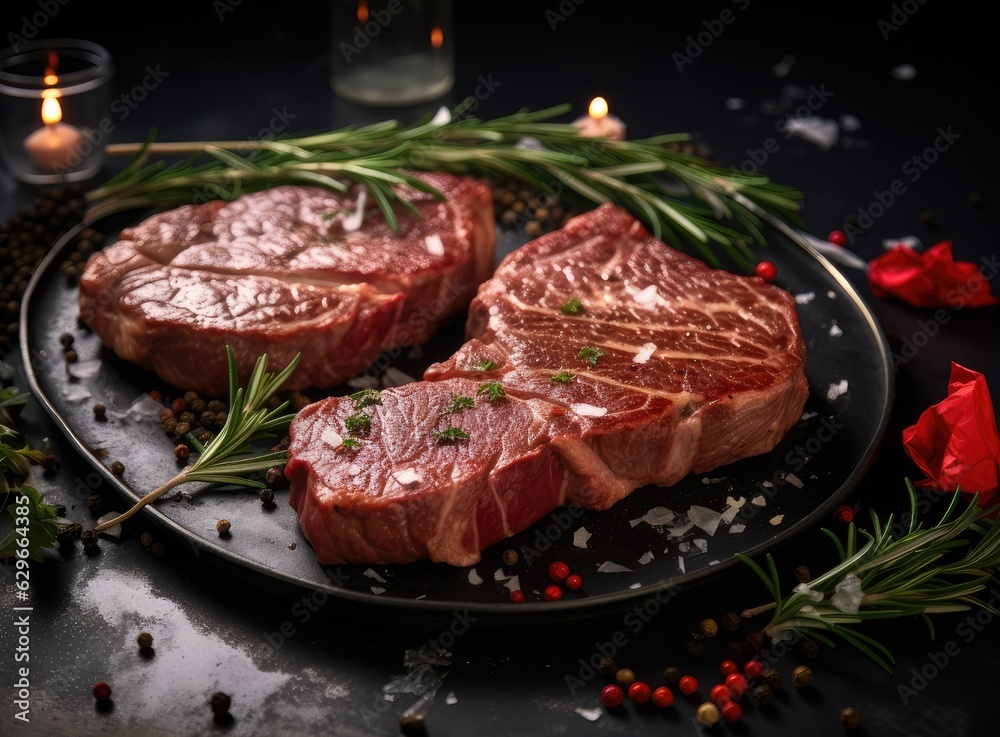Two raw steak New York with rosemary and spices. Flat lay top view on black stone cutting table. Created with Generative AI technology.