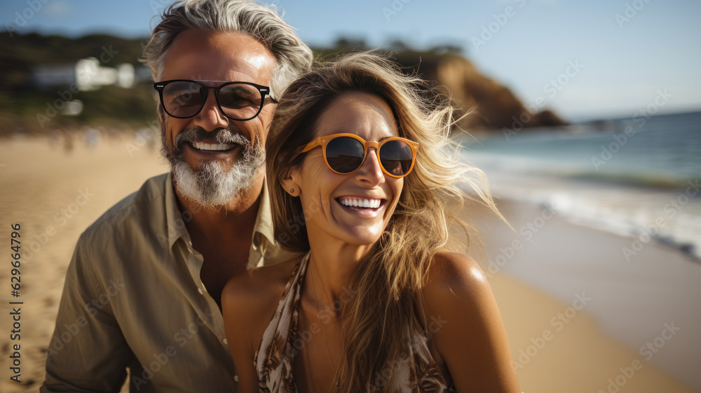 Happy mature couple on a sandy beach coast. Happy mature couple on a sandy beach coast.
