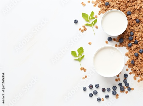 Healthy breakfast ingredients. Homemade granola in open glass jar, milk or yogurt bottle, blueberries and mint on white wooden background, top view, copy space. Created with Generative AI technology.