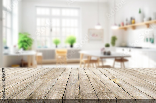 Background of a beautiful and bright kitchen with desk