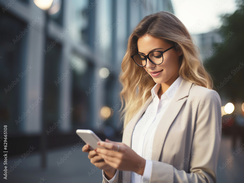 Close-up image of business woman watching smart mobile phone device outdoors. Businesswoman networking typing an sms message in city street. Close-up image of business woman watching smart mobile phone device outdoors. Businesswoman networking typing an sms message in city street.
