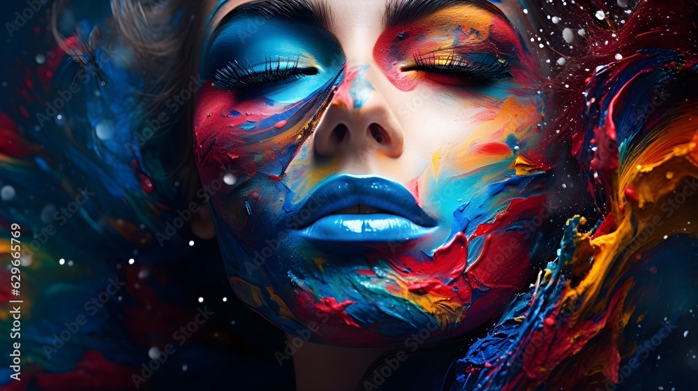 Woman with colorful makeup on her face, coloring powder splash on  background created with Generative AI technology.