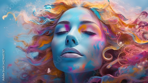 Woman with colorful makeup on her face  coloring powder splash on  background created with Generative AI technology.